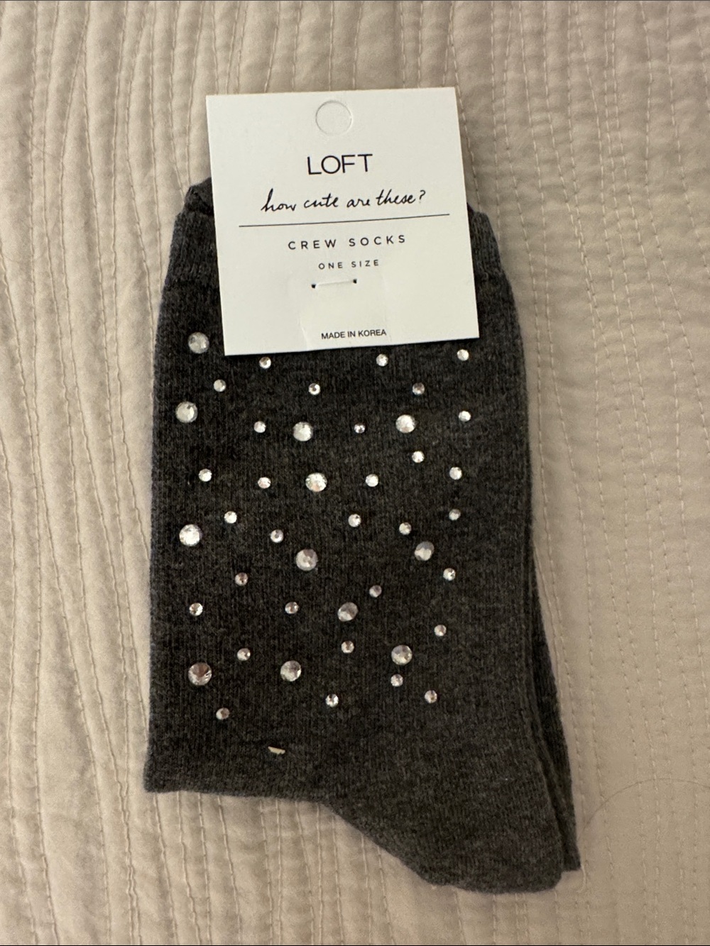 LOFT Dark Gray Crew Socks with Sparkling Rhinestones